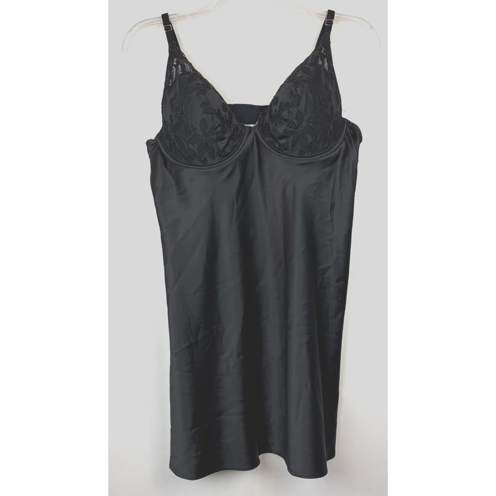Victorias Secret Satin Slip Dress with Bra XXL Black Mini Lace Plus Sexy Shiny
